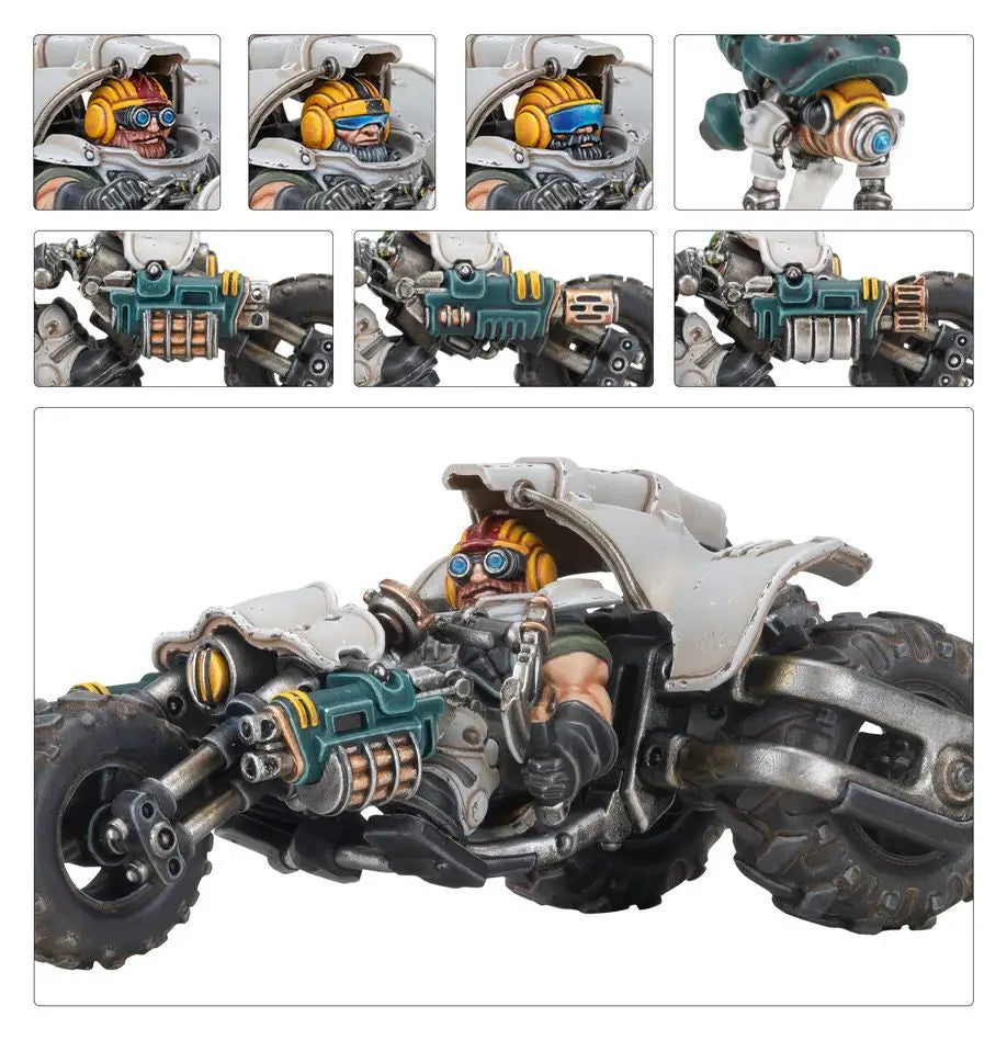 Miniature motorcycle with rider from Warhammer Svenotar Scout Trikes product line