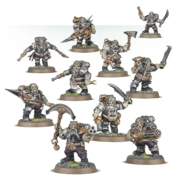 Painted miniature dwarfs from Warhammer Kharadron Overlords Arkanaut Company for main fighting