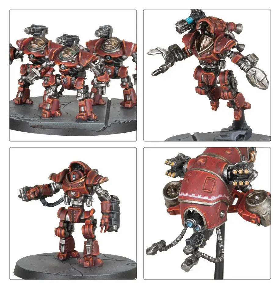 Red and metallic battle robots with armored plating for Legions Imperialis game