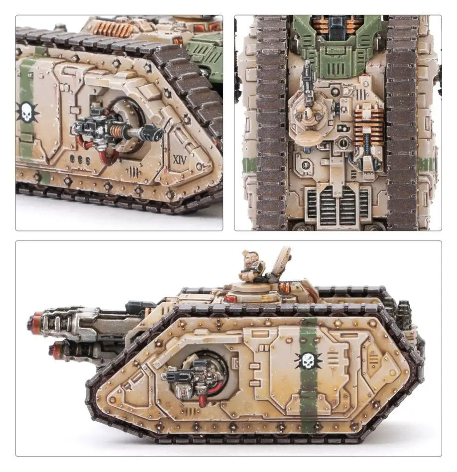 Painted Cerberus Heavy Tank model with weapon mounts and track treads for Warhammer LEGIONS IMPERIALIS