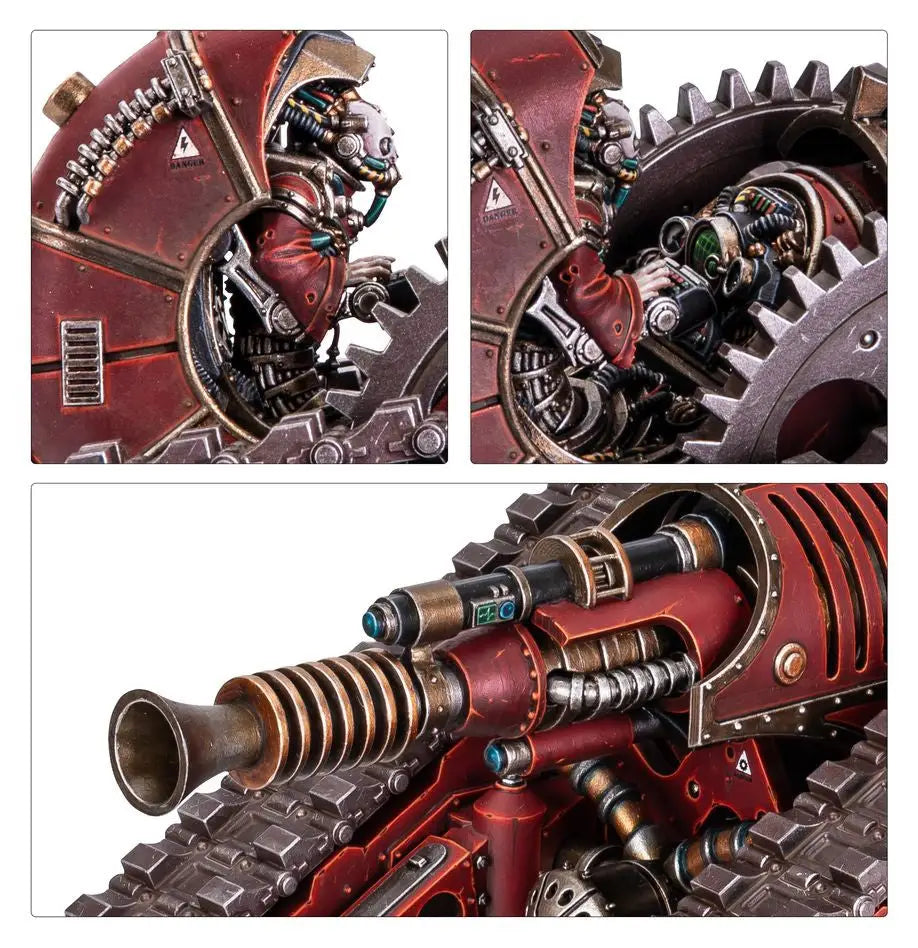Maroon and bronze mechanical war machine from Warhammer Krios Battle Tank product