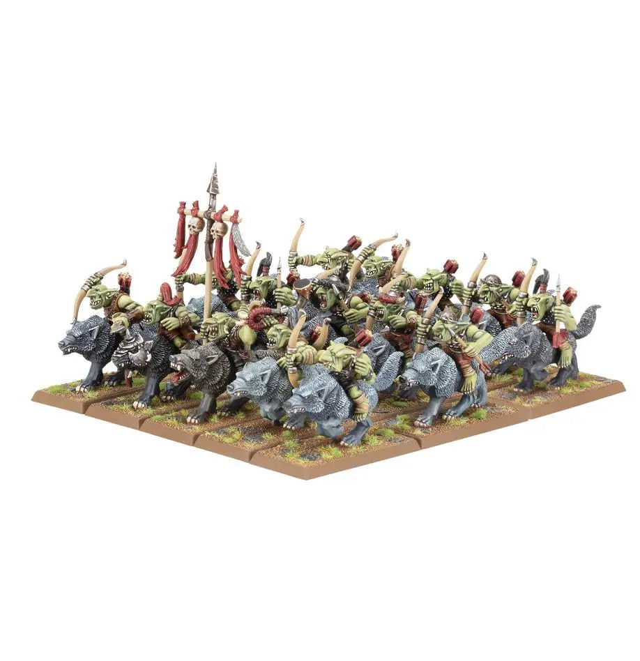 Miniature Goblin Tribes army with Goblin Wolf Riders on large rodents for Warhammer game