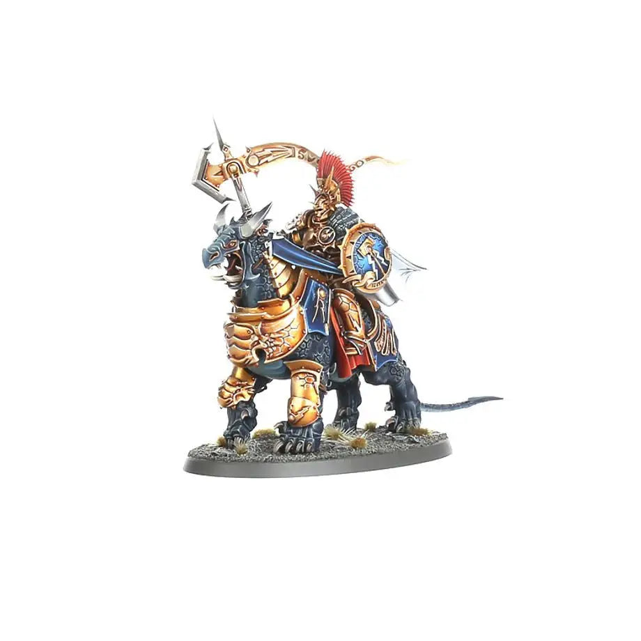 Armored warrior in Stormcast Eternals regalia with sigmarite shield on battle mount