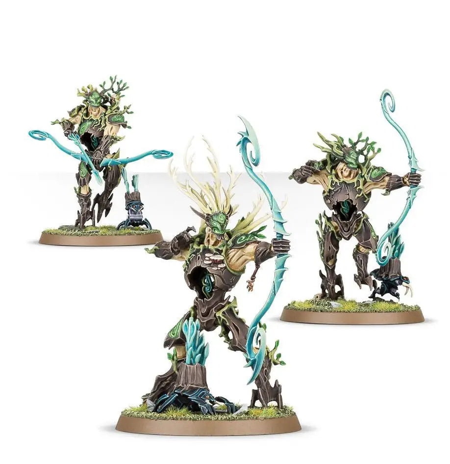 Three Sylvaneth Kurnoth Hunters miniatures with bows and detailed wood armor in Warhammer Age of Sigmar