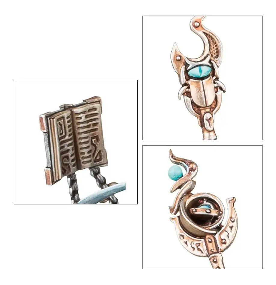 Miniature accessories for Warhammer Thousand Sons Exalted Sorcerers featuring ornate staves and book