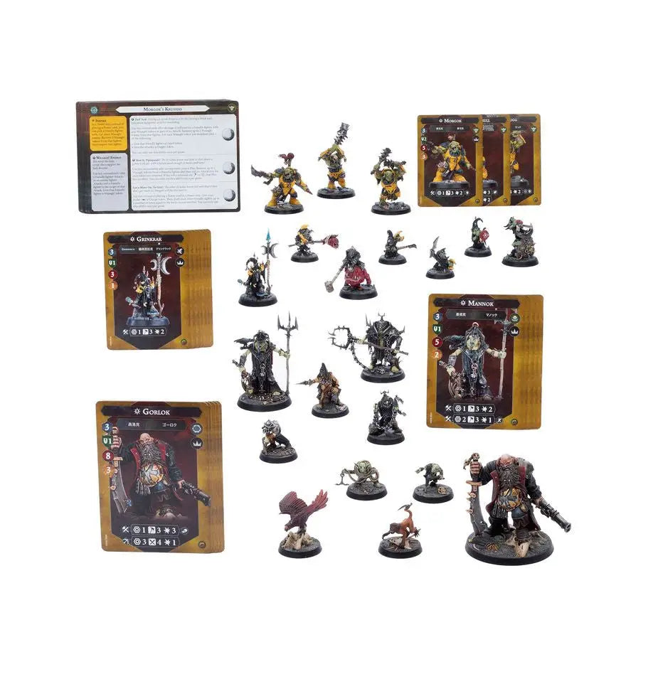 Miniature gaming figures and double-sided warscroll cards from Warhammer Underworlds Brutes and Bandits