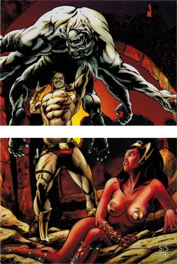 Comic book-style illustration of monstrous characters in Warlord of Mars Promo Puzzle trading cards
