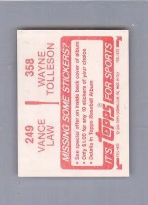 Wayne Tolleson / Vance Law - 1984 Topps Stickers - #249 / 358 - Baseball - Baseball Card Single