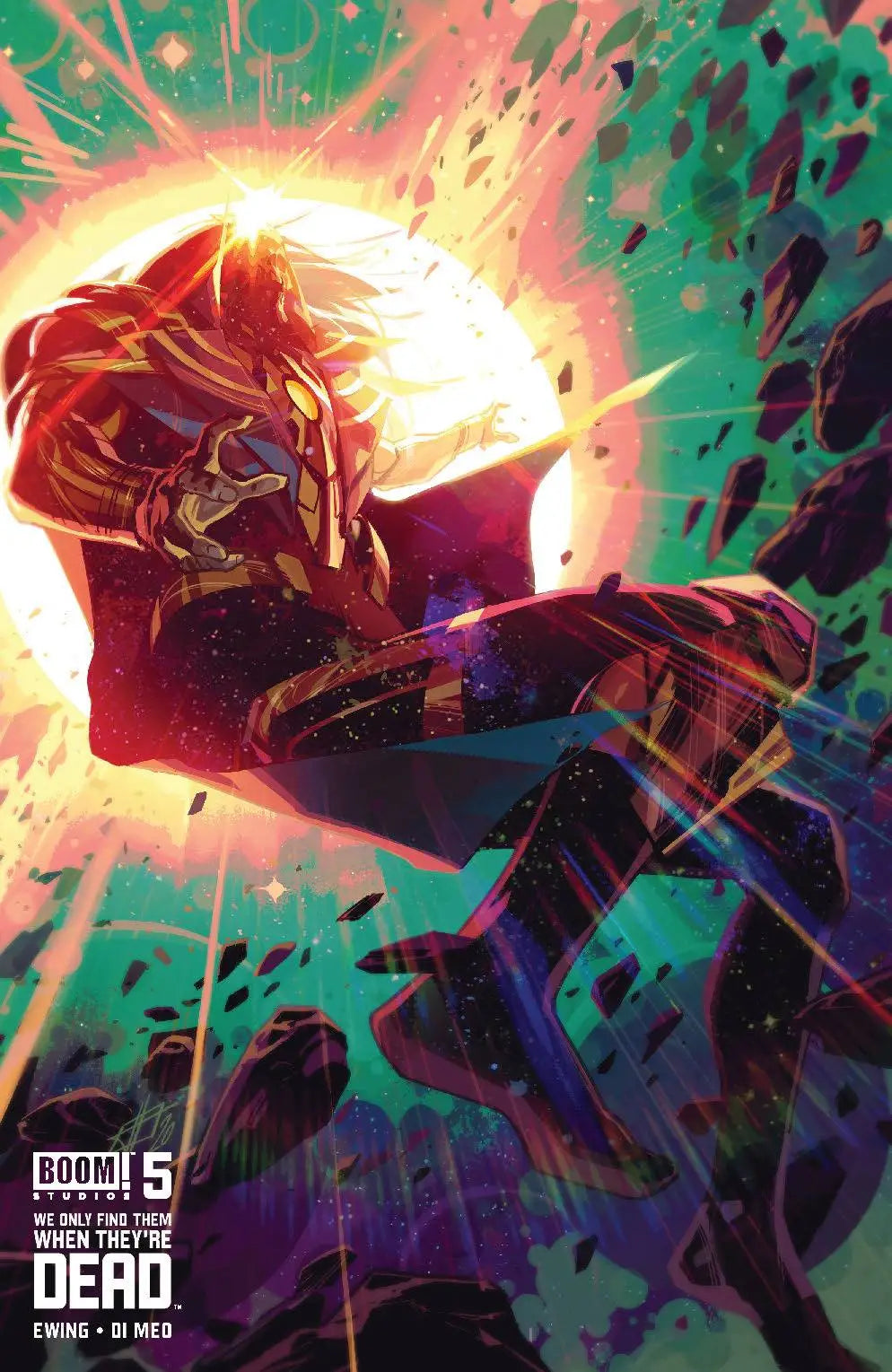 Superhero figure in red and blue costume, vibrant energy, WE ONLY FIND THEM WHEN THEYRE DEAD