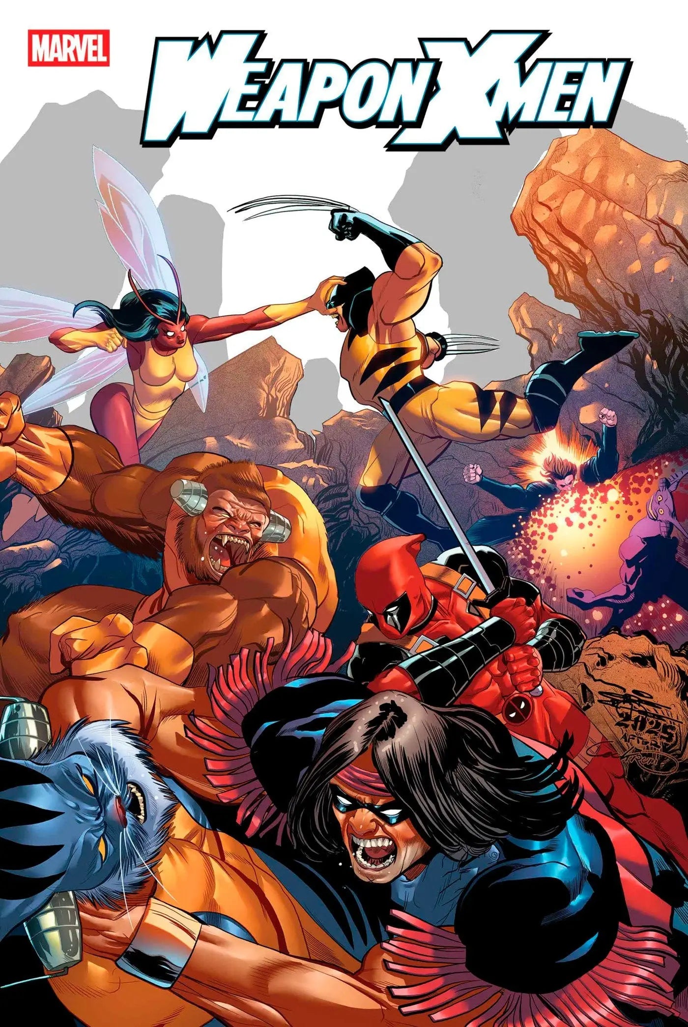 Comic book cover for Weapon X-Men #5 featuring guest stars and dynamic artwork
