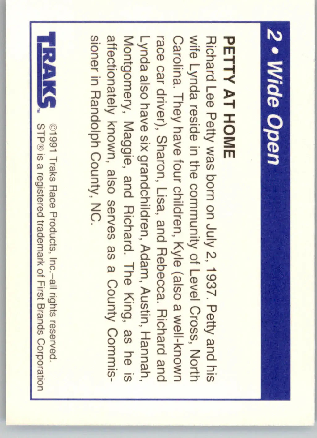 Wide Open (Petty at Home) - 1991 Traks Richard Petty - #2 - Racing - Racing Card Single