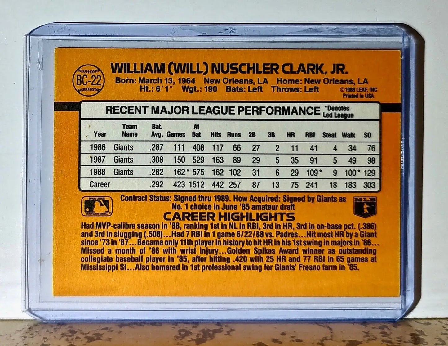 Will Clark 1989 Donruss MVP MLB #BC-22 Baseball Card San Francisco Giants