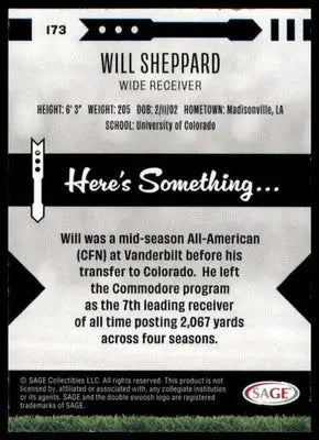 Will Sheppard 2025 SAGE HIT #173 Colorado Buffaloes - Football Card Single