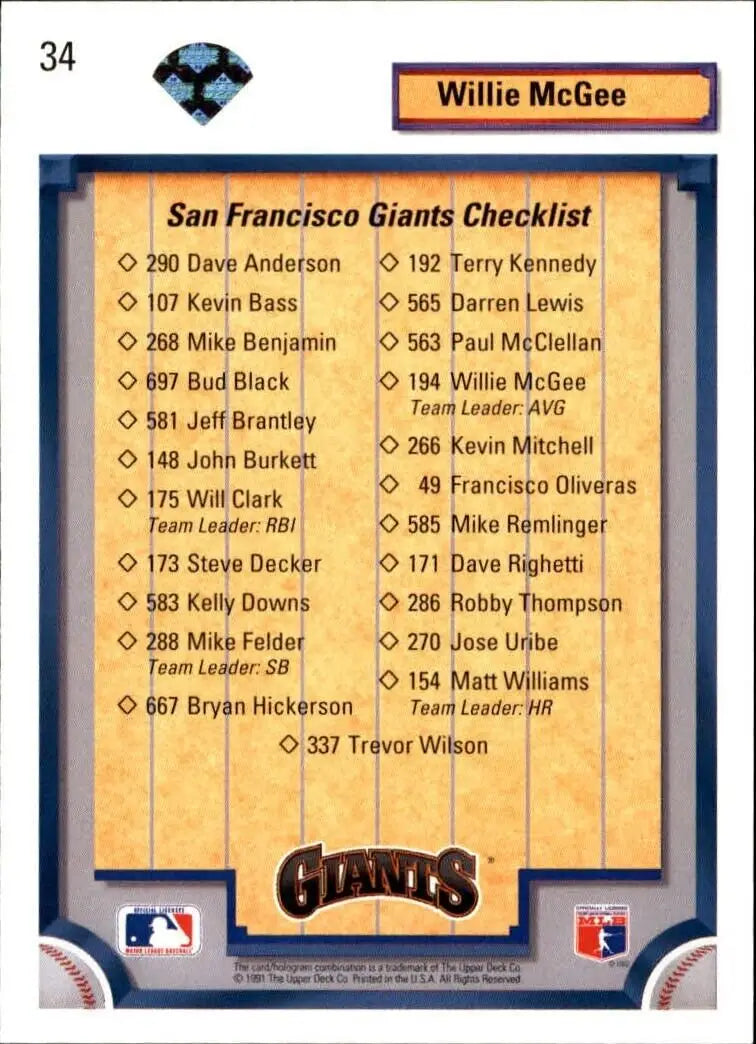 Willie McGee 1992 Upper Deck MLB #34 Team Checklist Card San Francisco Giants - Baseball Card Single