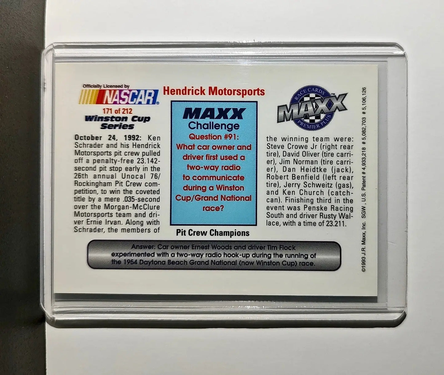 Winston Cup Pit Crew Champs 1993 Maxx Premier Plus Racing #171 NASCAR Card