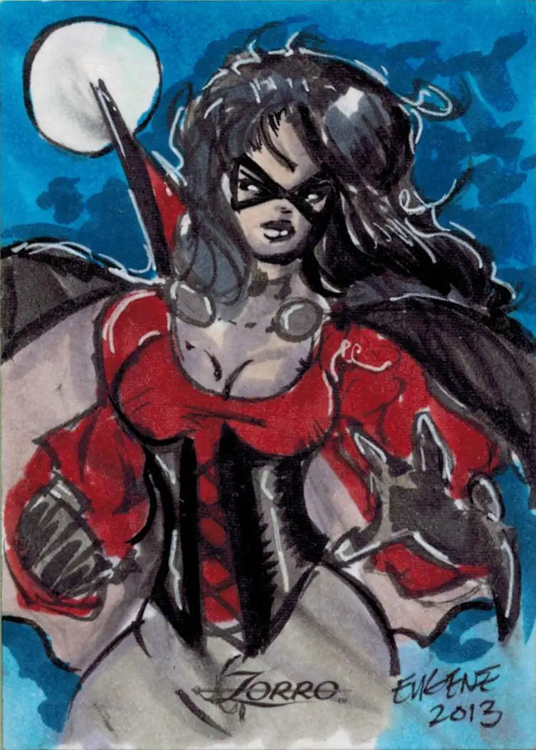 Stylized female superhero in red costume by Eugene Commodore on Women of Zorro Sketch Card