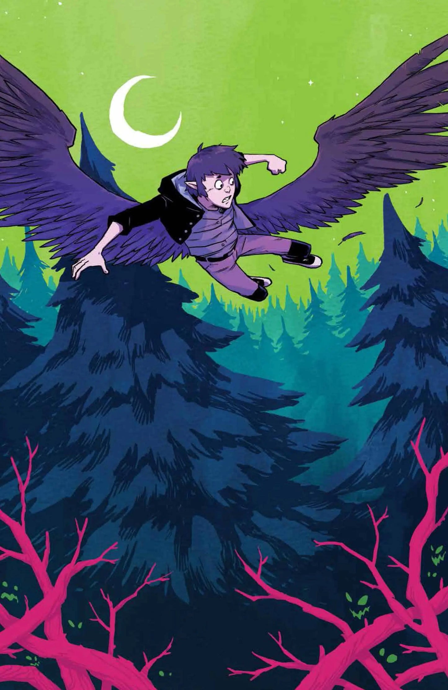 A figure with dark wings soars through the night sky on WYND #6 trading card