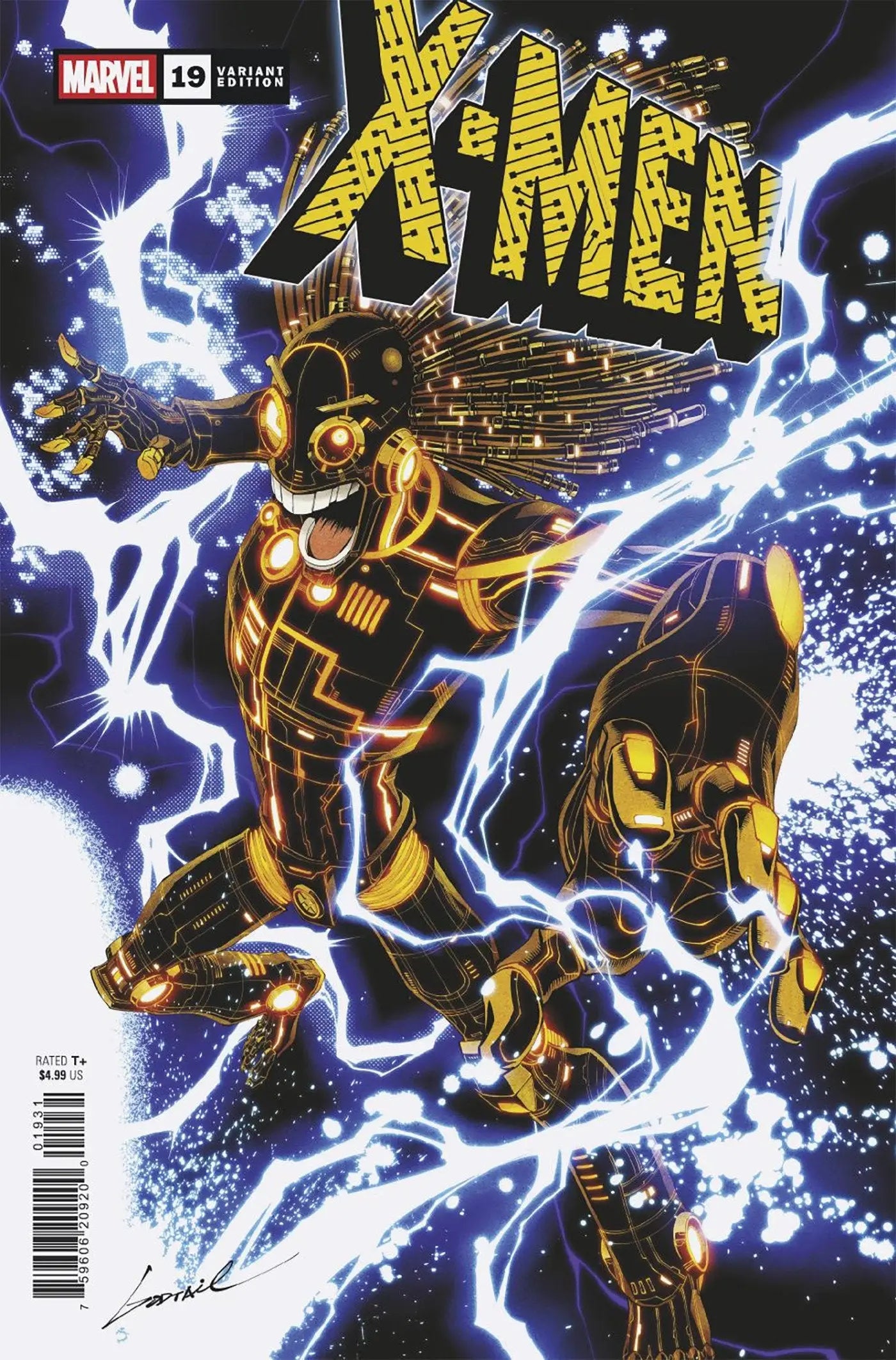 Great work X-Men #19 Godtail Warlock Variant comic with electric cybernetic character and lightning