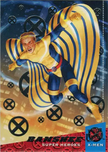 Costumed superhero Banshee with yellow and blue wings on X-Men Silver Foil Base Parallel Card