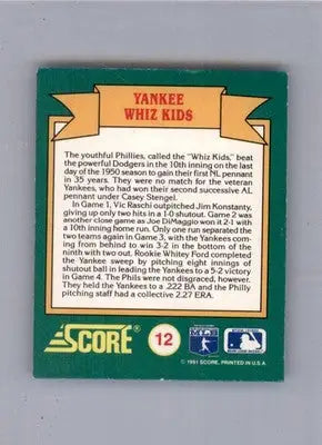 Yankee Whiz Kids - 1991 Score - #12 - Magic Motion: World Series Trivia - Baseball Card Single