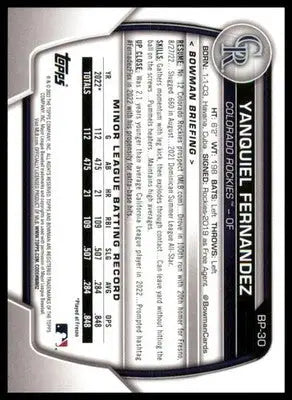 Yanquiel Fernandez 2023 Bowman Prospects #BP-30 Colorado Rockies - Baseball Card Single