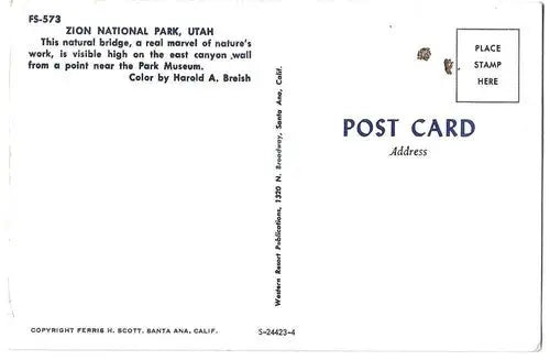 Zion National Park Utah FS-573 Ferris H. Scott Post Card Western Resort Publica - Other
