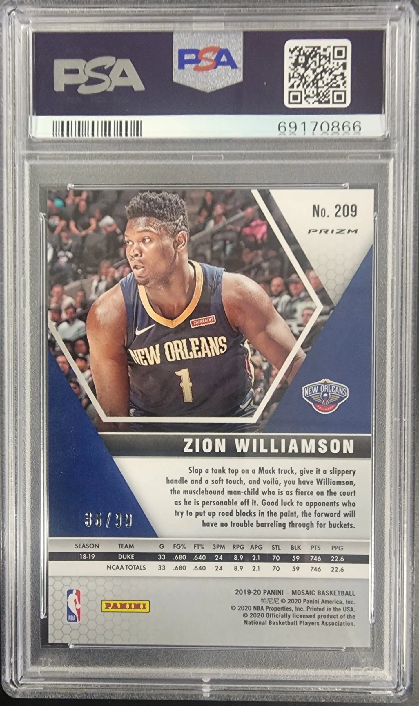 Zion Williamson 2019 Panini Mosaic #209 Blue Mosaic #36/99 PSA 10 Gem Mint - Basketball Card Single