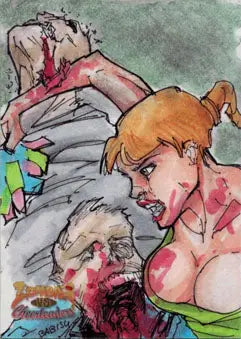 Vibrant horror-themed sketch card by Babisu Kourtis featuring a blood-covered woman and zombie