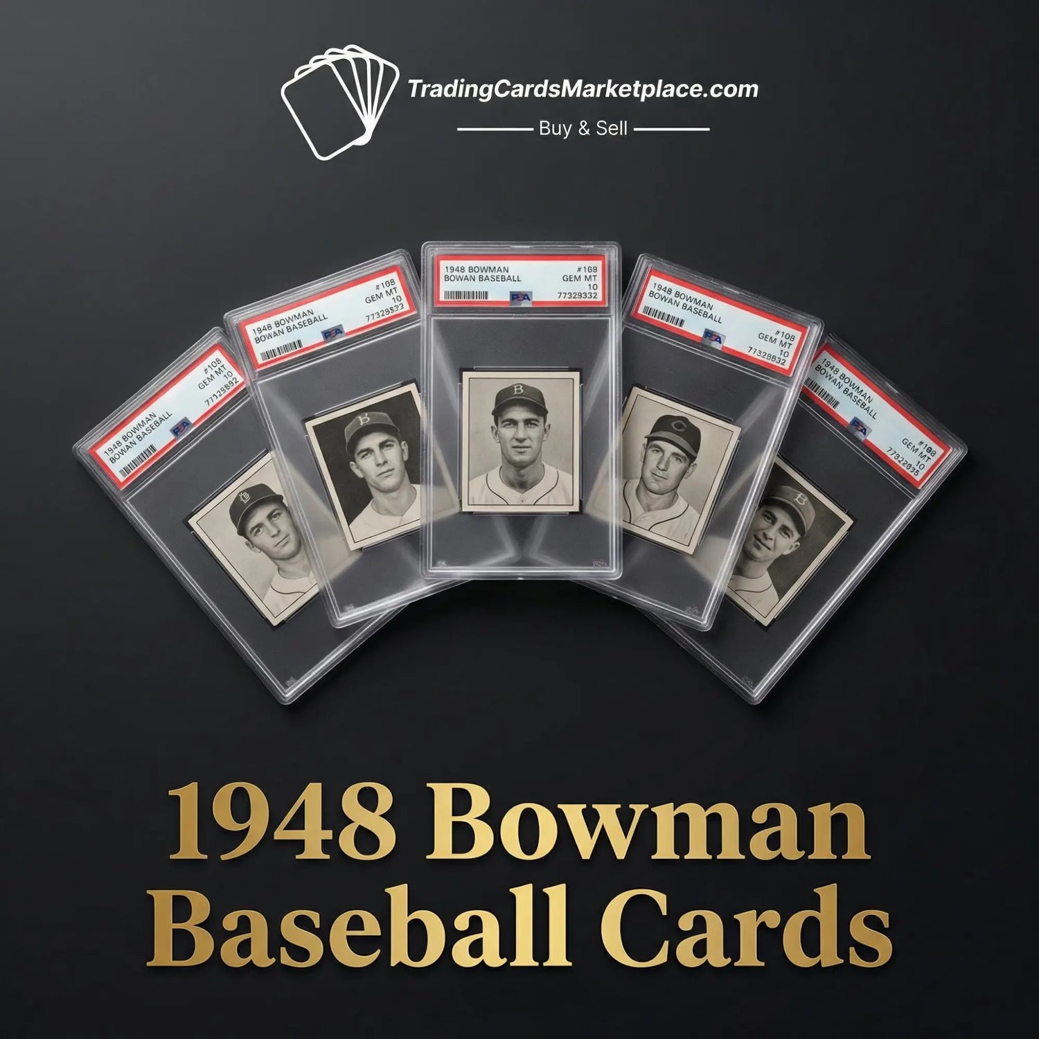Five 1948 bowman baseball cards, each encased in a clear protective slab with a red and white grading label from psa.
