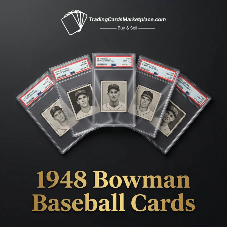 Five 1948 bowman baseball cards, each encased in a clear protective slab with a red and white grading label from psa.