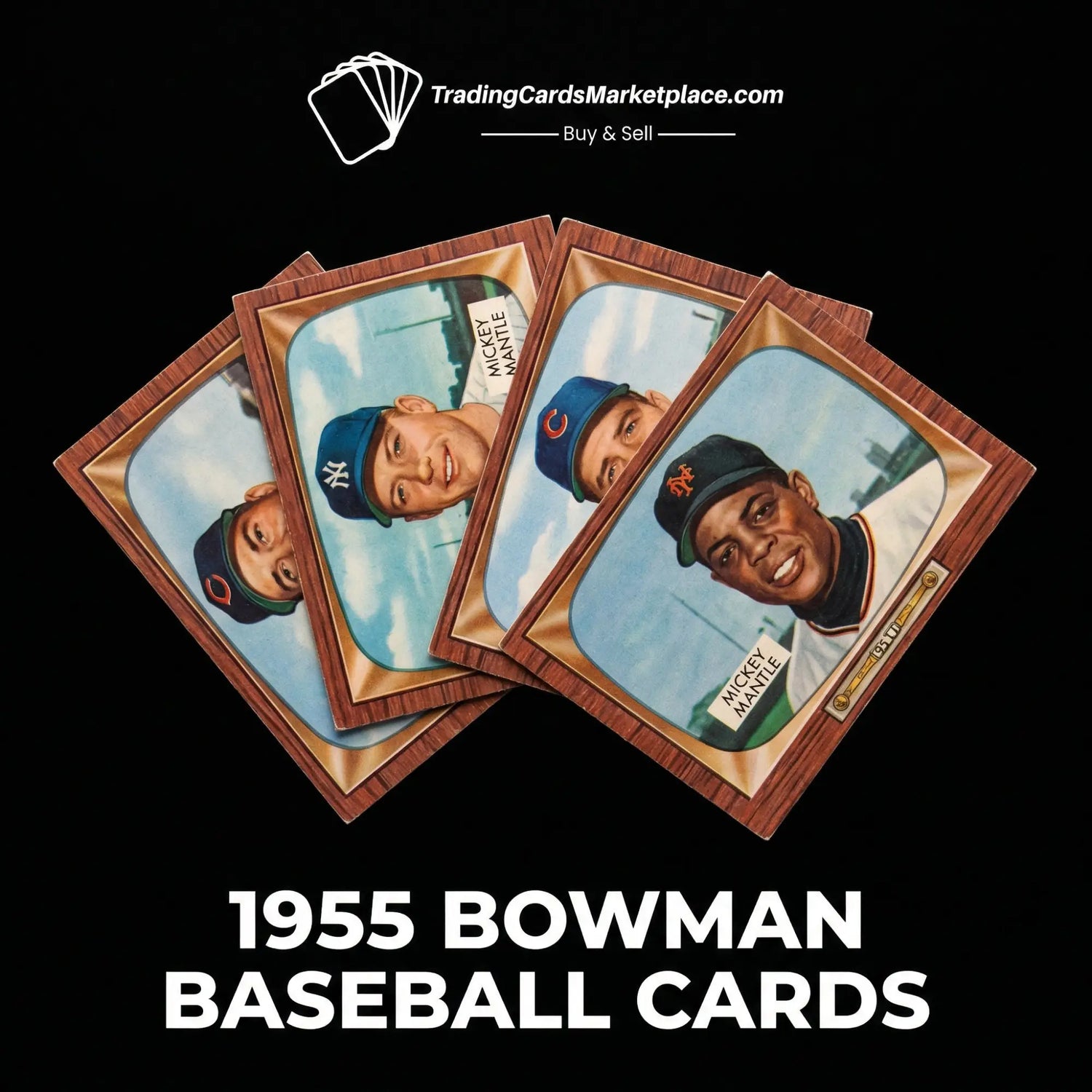 Vintage 1955 bowman baseball cards featuring iconic players like mickey mantle, each encased in a wooden-framed design with gold accents.