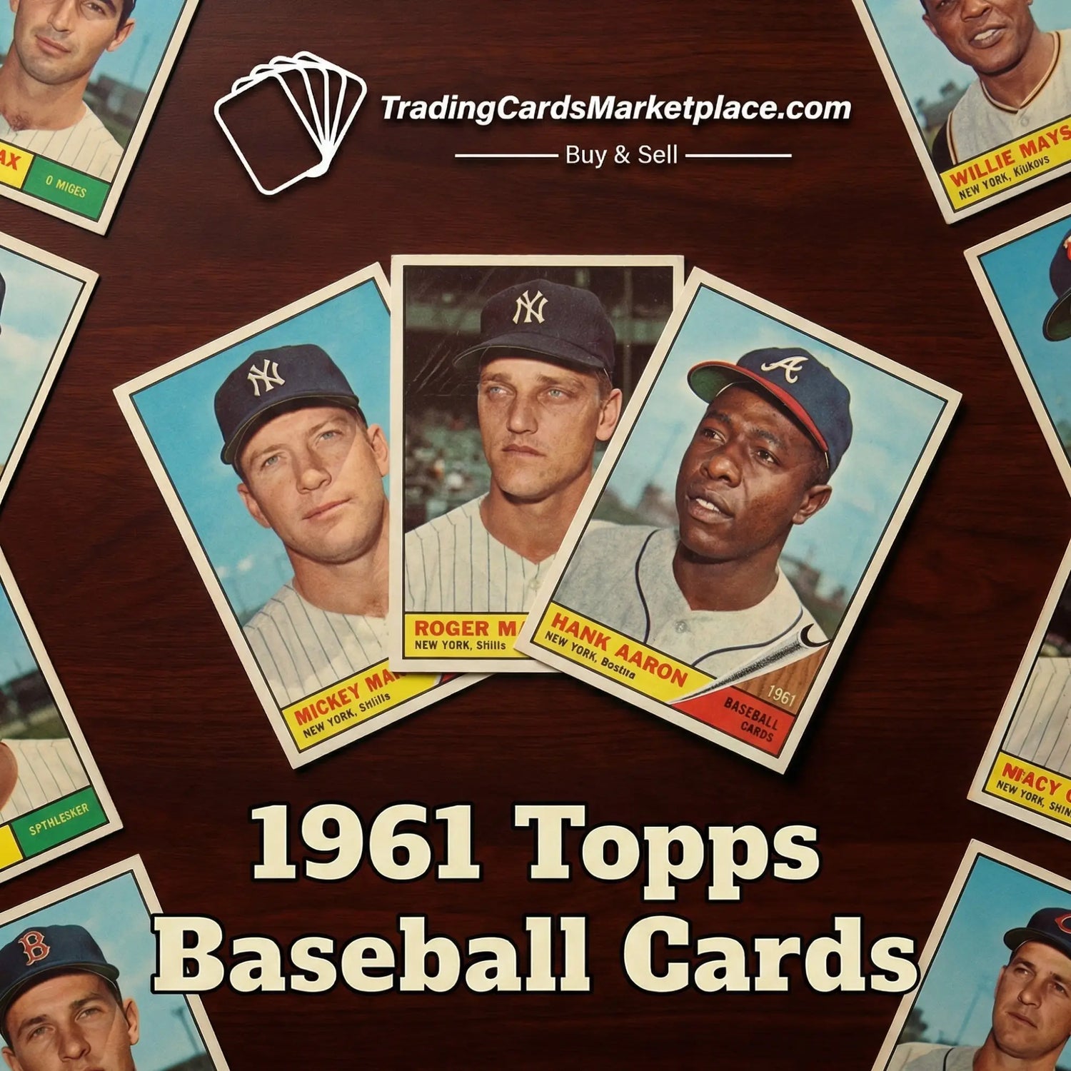 Vintage 1961 topps baseball cards featuring iconic players like mickey mantle, roger maris, and hank aaron in their classic pinstripe uniforms.