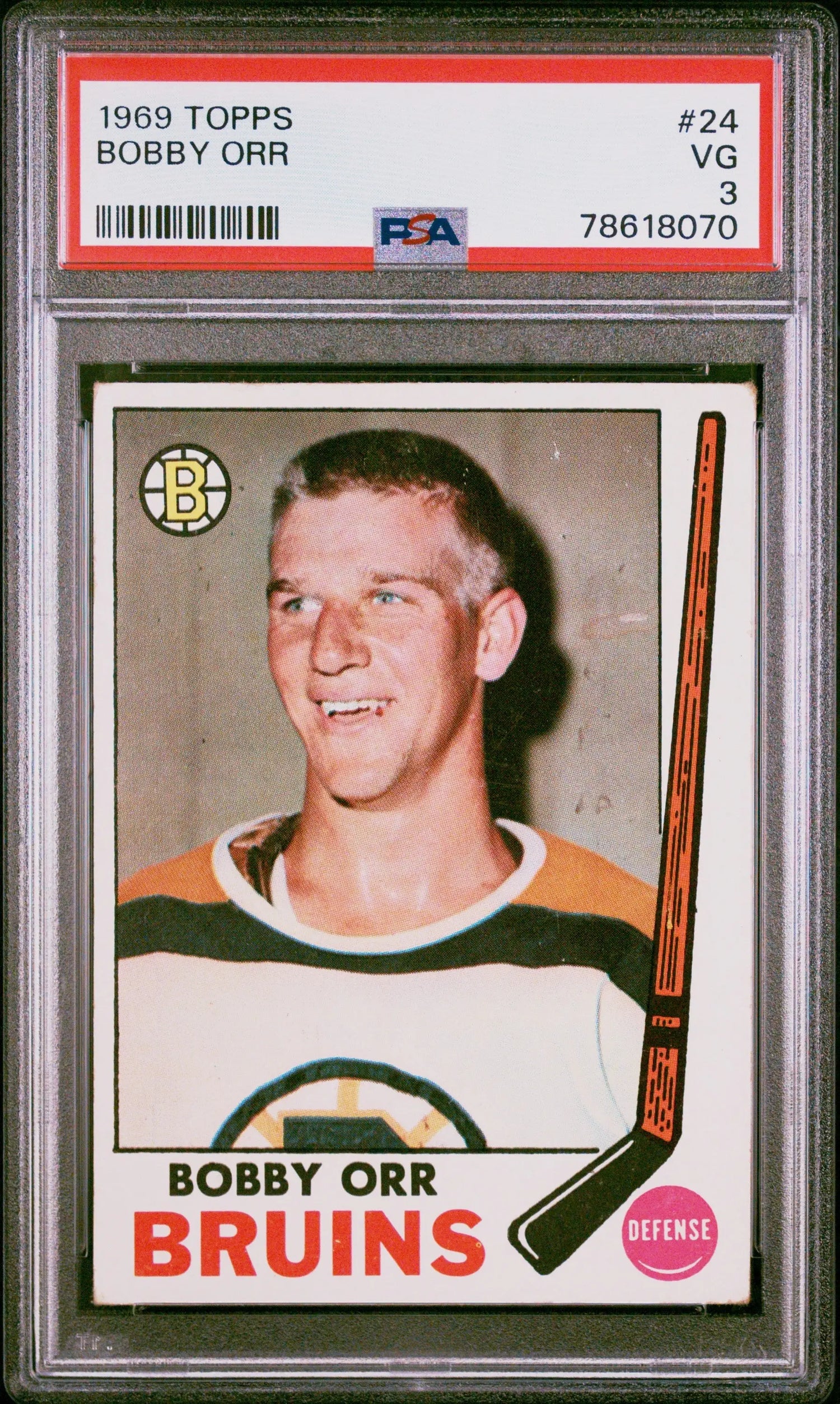 Graded 1969 Topps Bobby Orr hockey trading card in very good condition