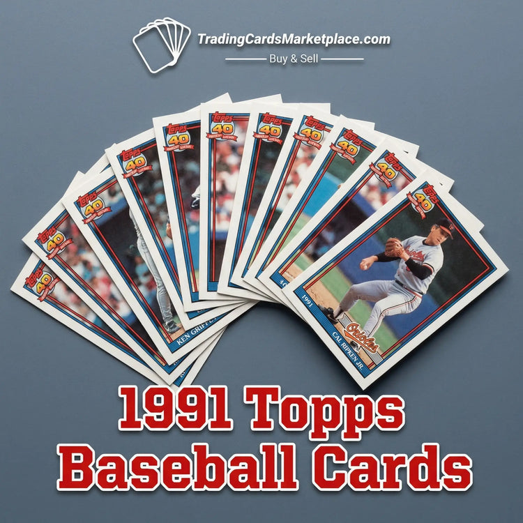 Fanned-out 1991 topps baseball cards featuring colorful player images and classic red, blue, and white borders.