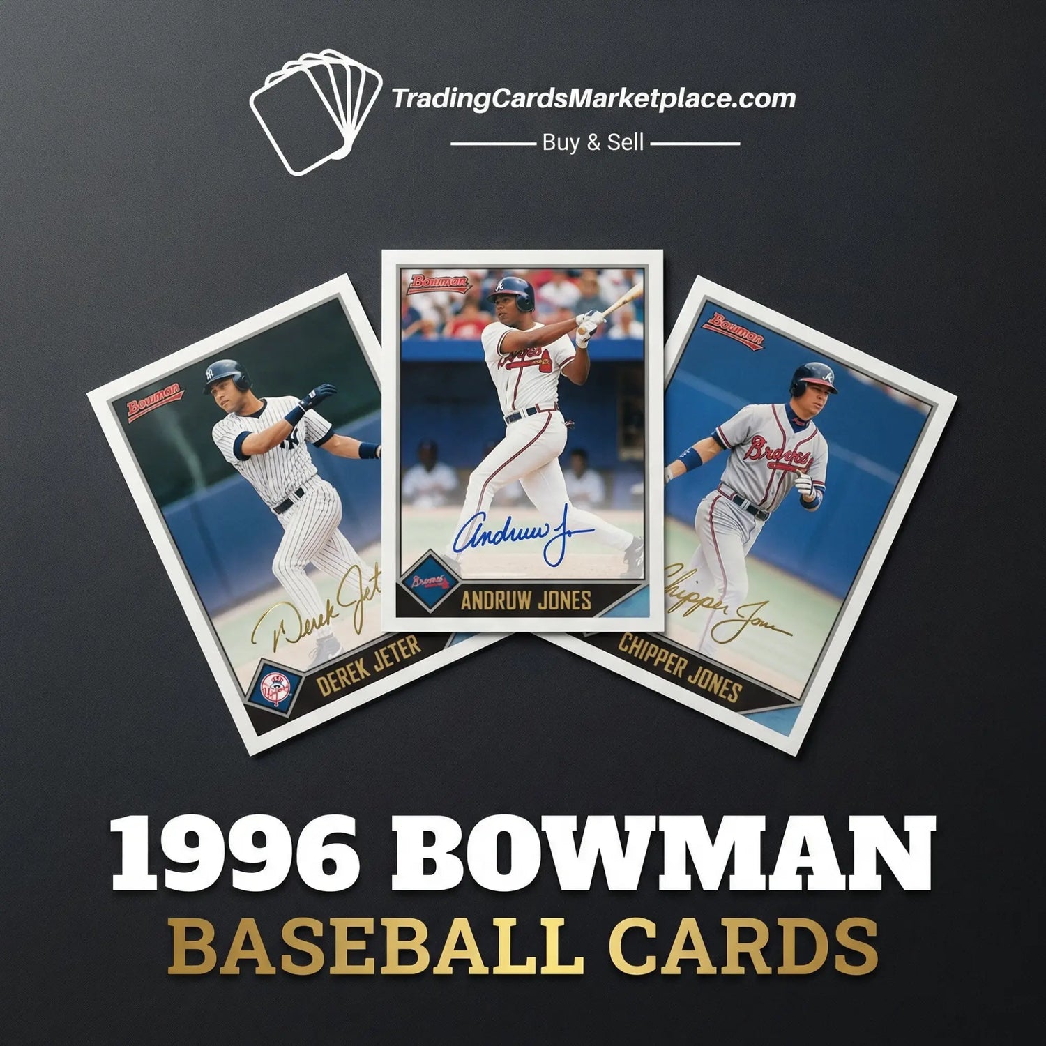 Three 1996 bowman baseball cards featuring derek jeter, andruw jones, and chipper jones in their signature uniforms.
