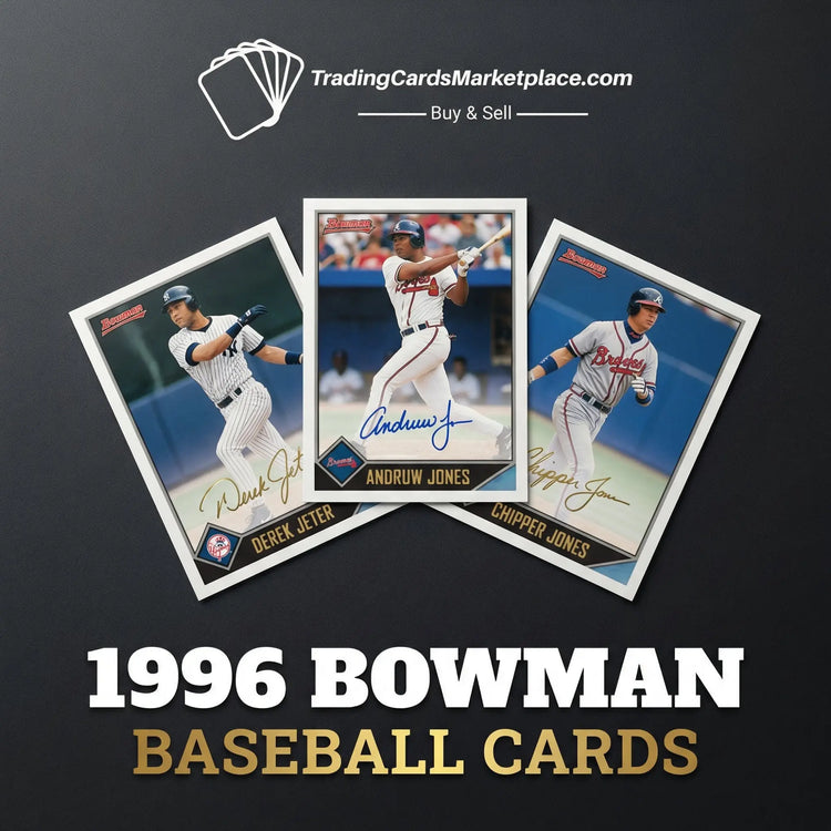 Three 1996 bowman baseball cards featuring derek jeter, andruw jones, and chipper jones in their signature uniforms.