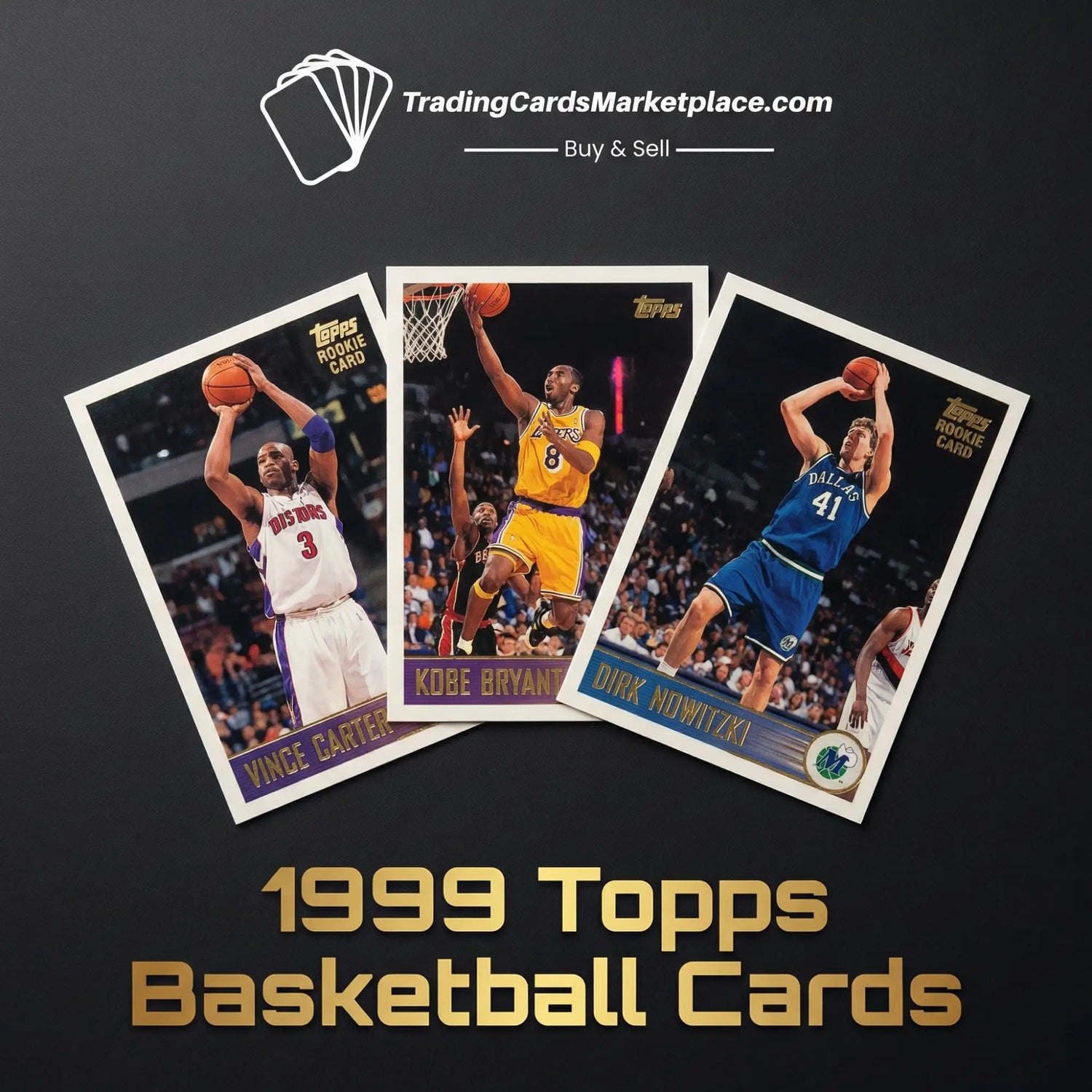 Three 1999 topps basketball rookie cards featuring vince carter, kobe bryant, and dirk nowitzki.