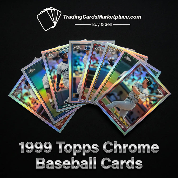 A set of 1999 topps chrome baseball cards featuring iridescent, rainbow-hued borders and glossy finishes with player images in action poses.