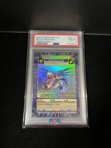 Graded MetalGreymon Digimon card from 2000 Digi-Battle Series, MetalGreymon Foil PSA 8