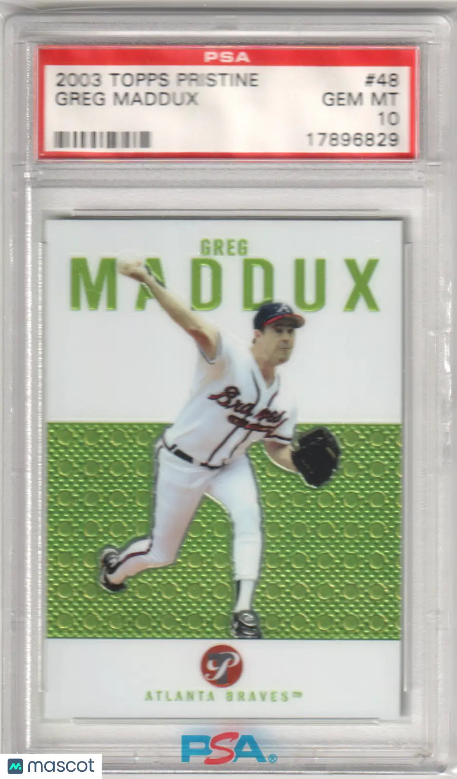 Graded Greg Maddux baseball card from Topps Pristine displayed by Columbia Hobby