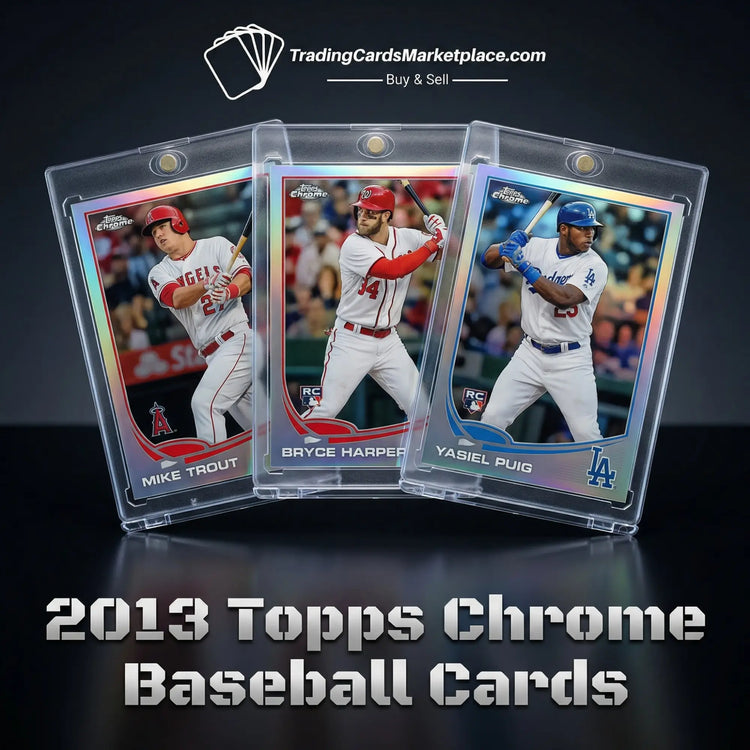 Three 2013 topps chrome baseball cards, each encased in a clear protective sleeve with iridescent borders and featuring players mike trout, bryce harper, and yasier puig.
