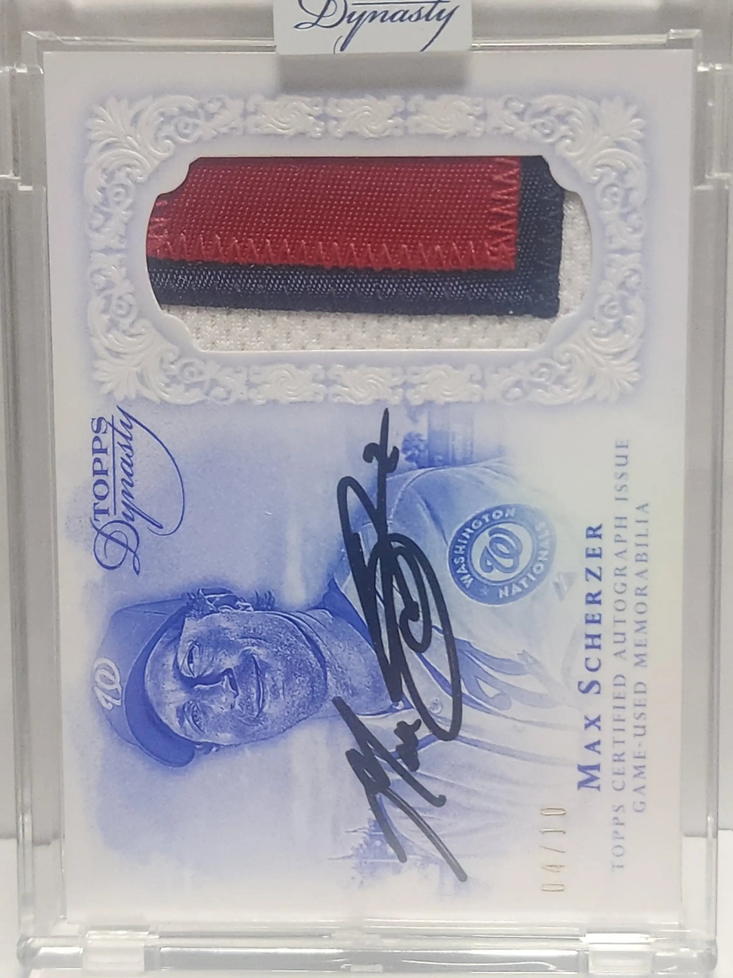 Max Scherzer autographed baseball card with game-used patch from Topps Dynasty Patch Auto series