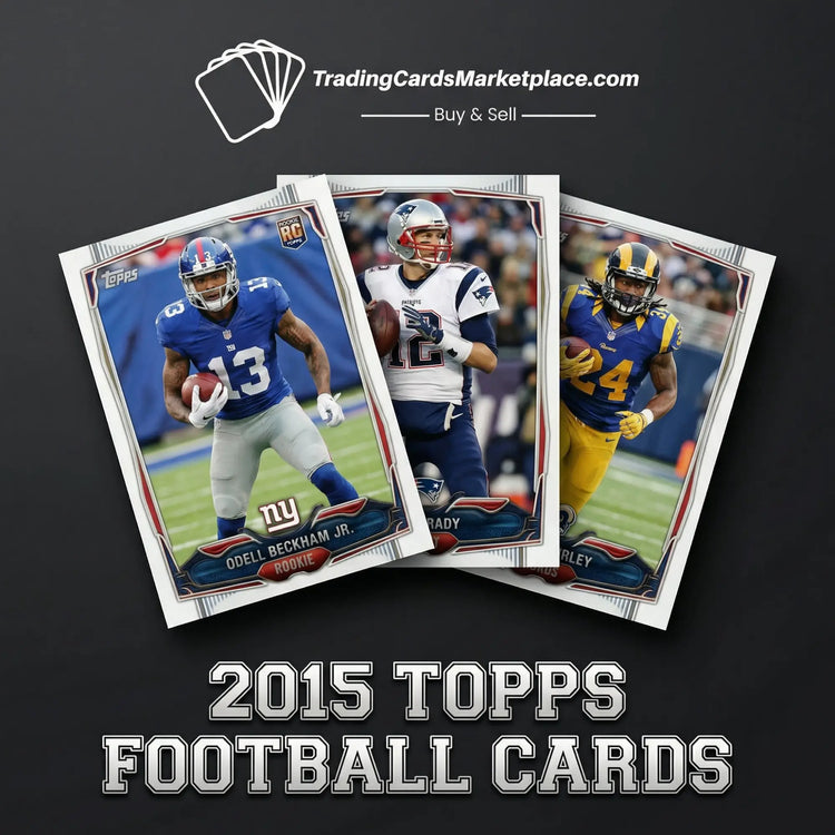 Three 2015 topps football trading cards featuring odell beckham jr., julian edelman, and aaron rodgers in their respective team uniforms.