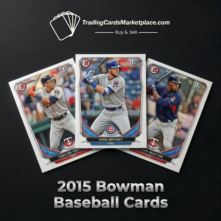 Three 2015 bowman baseball cards featuring kris bryant, carlos correa, and byron buxton in their respective team uniforms.