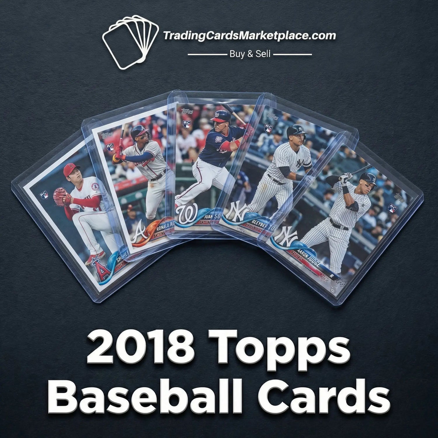 Five 2018 topps baseball cards, each encased in clear protective sleeves and featuring players from various teams.