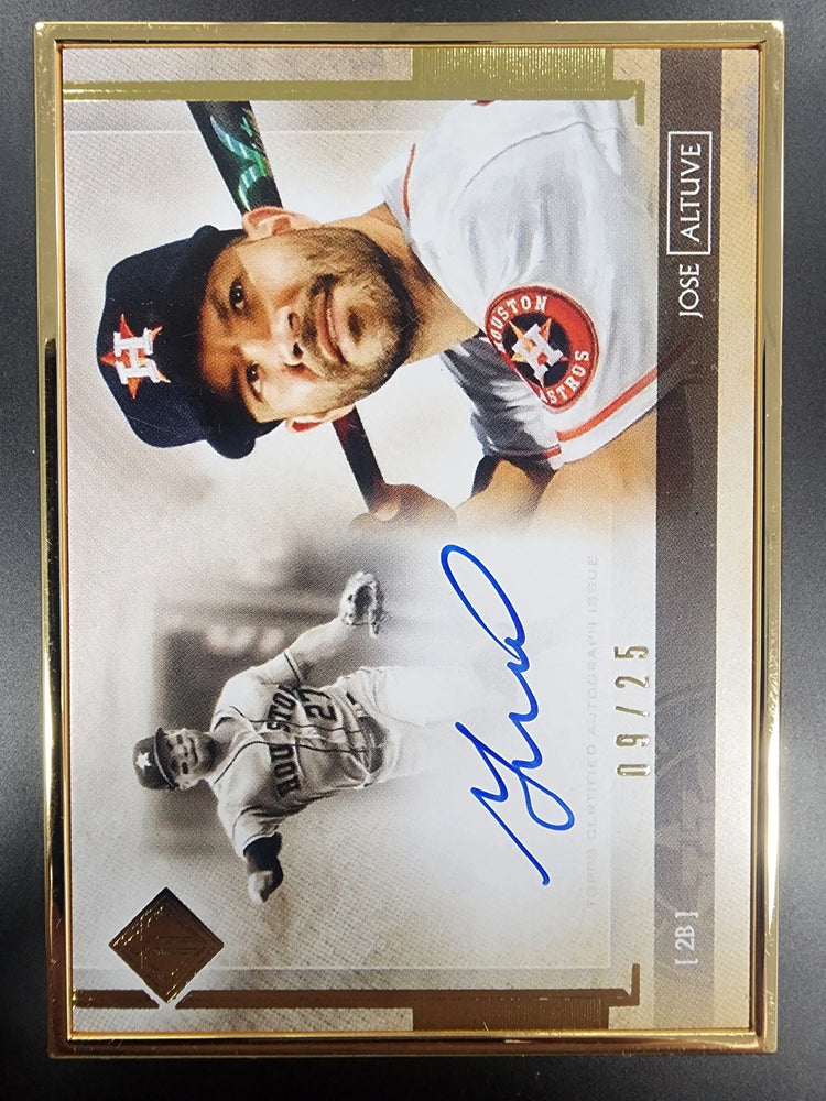 Signed Jose Altuve Topps Transcendent Framed Auto card with color and black-and-white photo