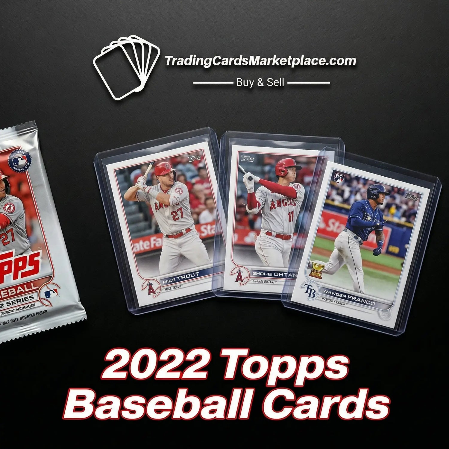 2022 topps baseball cards in clear protective sleeves featuring players like mike trout and shōhei ohtani.
