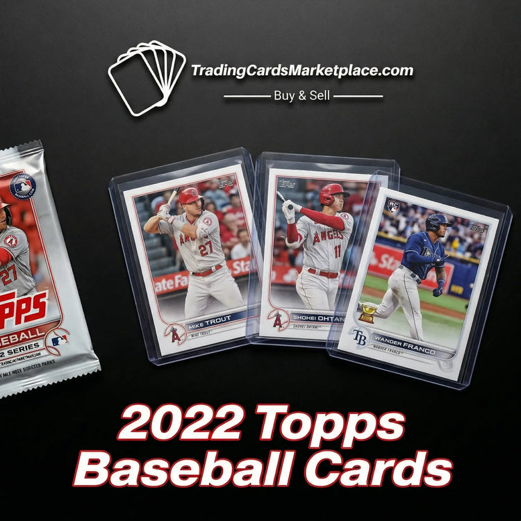 2022 topps baseball cards in clear protective sleeves featuring players like mike trout and shōhei ohtani.