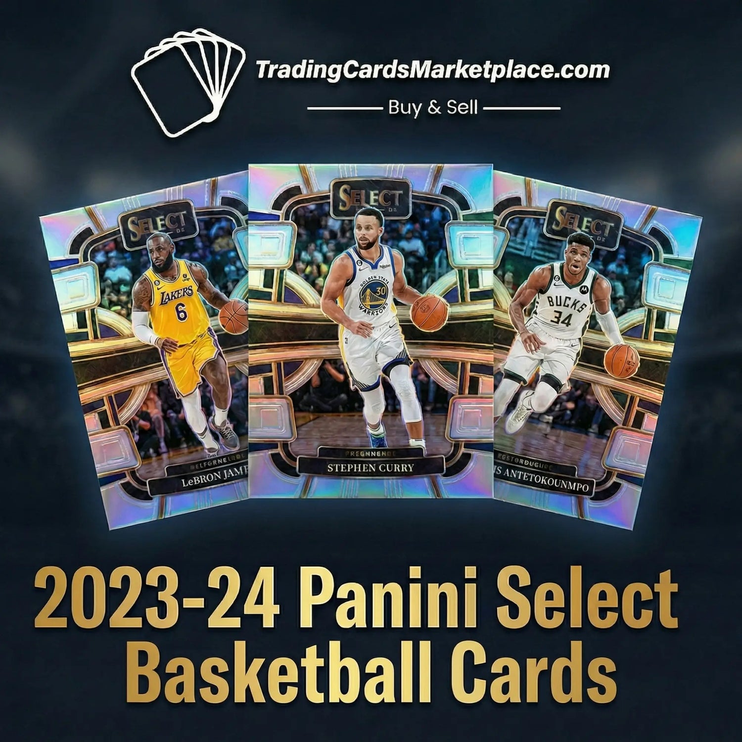 Three iridescent 2023-24 panini select basketball trading cards featuring lebron james, stephen curry, and giannis antetokounmpo.