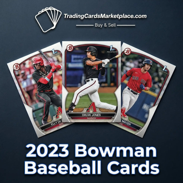 Three 2023 bowman baseball cards featuring players in action poses, each card displaying a distinct player and team uniform with detailed artwork.